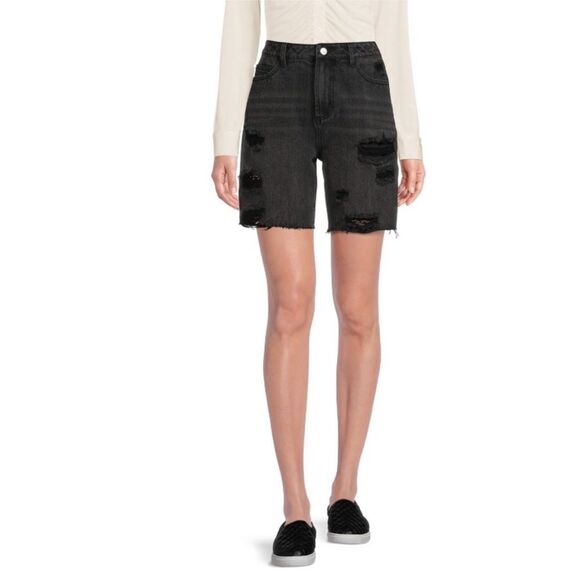 Distressed Super High Rise Boyfriend Shorts Black Wash Denim - Picture 1 of 9